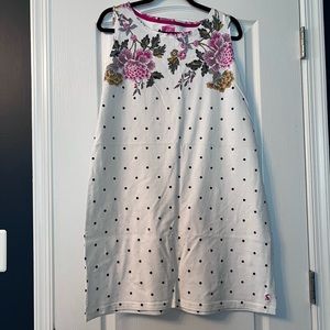 Joules sleeveless white and black polka dot dress, with floral detail. Size 14